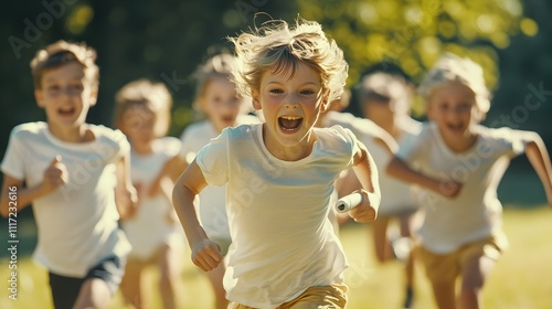 A cinematic depiction of children participating in a school sports day, running a relay race with batons while their classmates cheer from the sidelines.