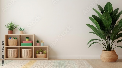 Montessoriinspired playroom with low shelves, educational toys, and organized storage boxes, designed for independent learning photo