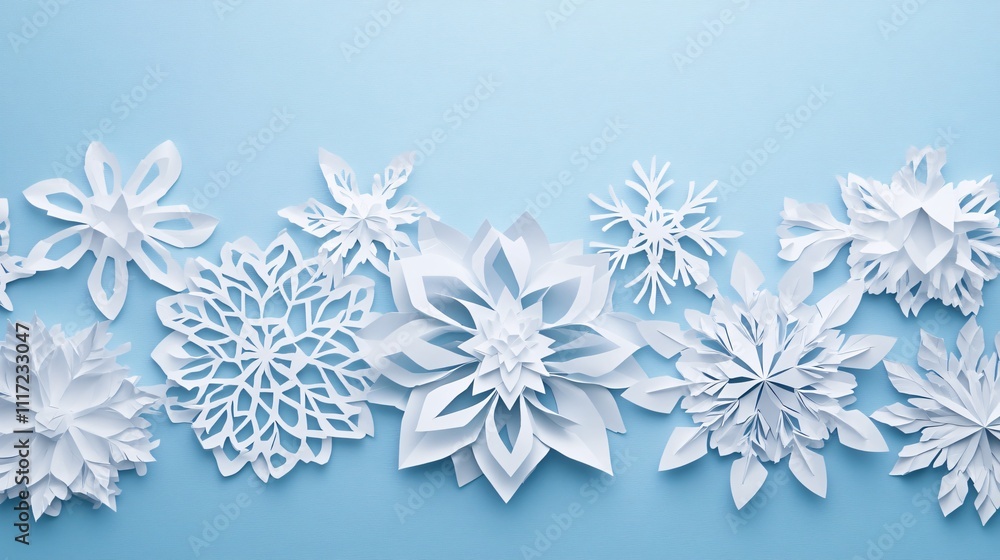 Large white paper snowflakes with intricate geometric designs, layered on a gradient light blue background Large white paper snowflakes with intricate geometric designs, layered on a gradient light blue background