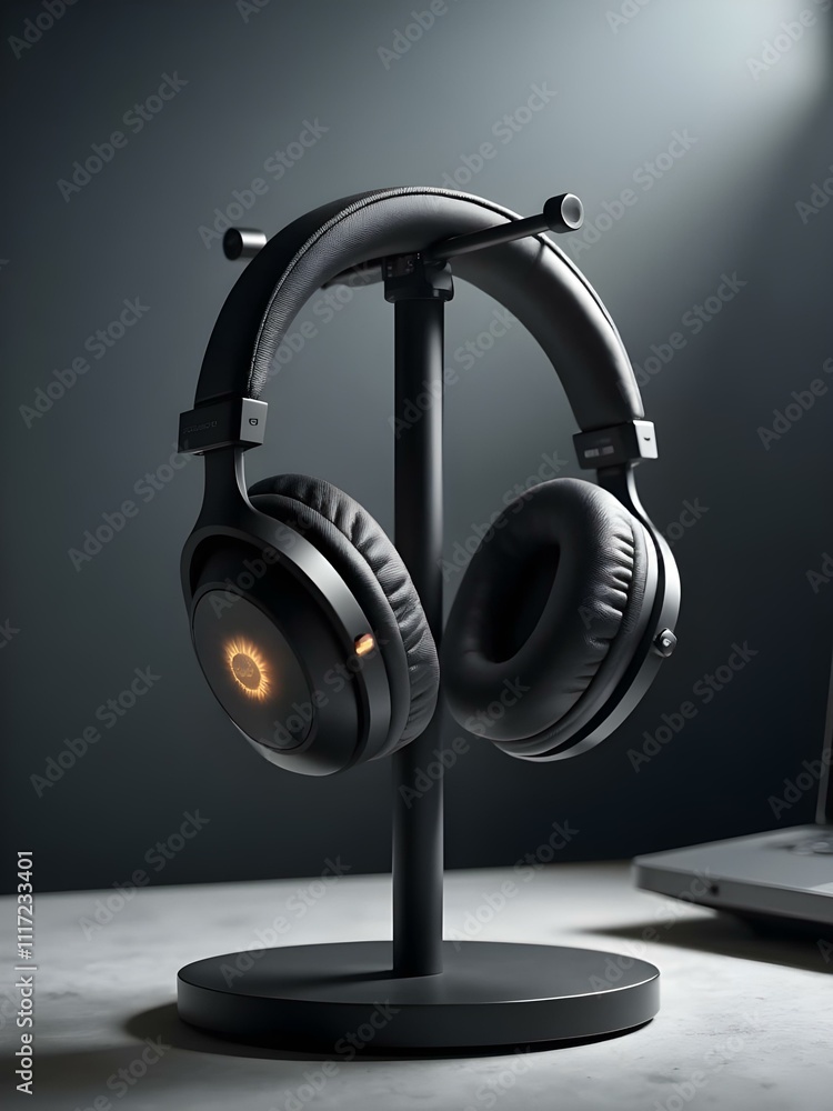 Black Headphones on Stand Black Headphones on Stand