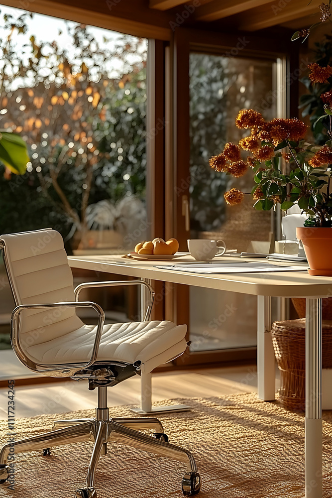 Modern home office with white chair, desk, and autumnal flowers near large window. Modern home office with white chair, desk, and autumnal flowers near large window.
