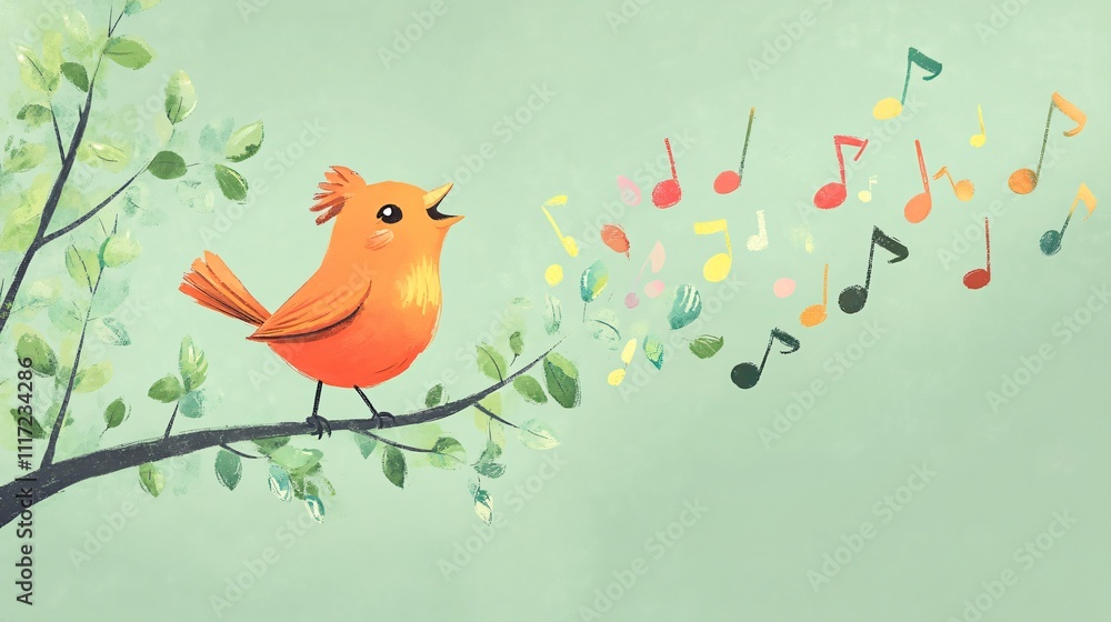 A friendly cartoon bird singing on a tree branch, with a trail of colorful musical notes floating above, on a pastel green background