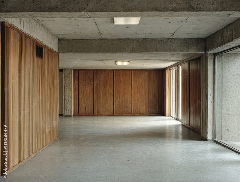 Obraz premium Modern Minimalist Interior Design Featuring Concrete and Wood Elements in a Spacious Open Area Bathed in Natural Light