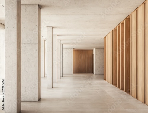 Modern Minimalist Interior Design Featuring Concrete and Wood Elements in a Spacious Hallway with Natural Light and Clean Lines