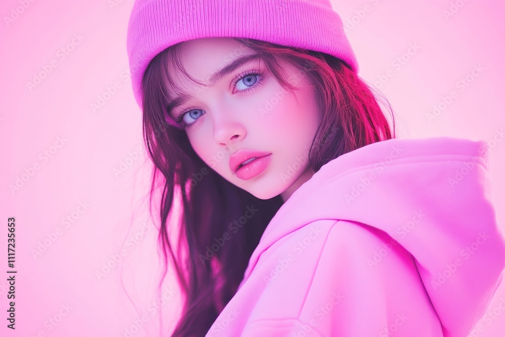 A portrait of a young woman with long hair, wearing a pink hoodie and beanie against a pink background. A portrait of a young woman with long hair, wearing a pink hoodie and beanie against a pink background.