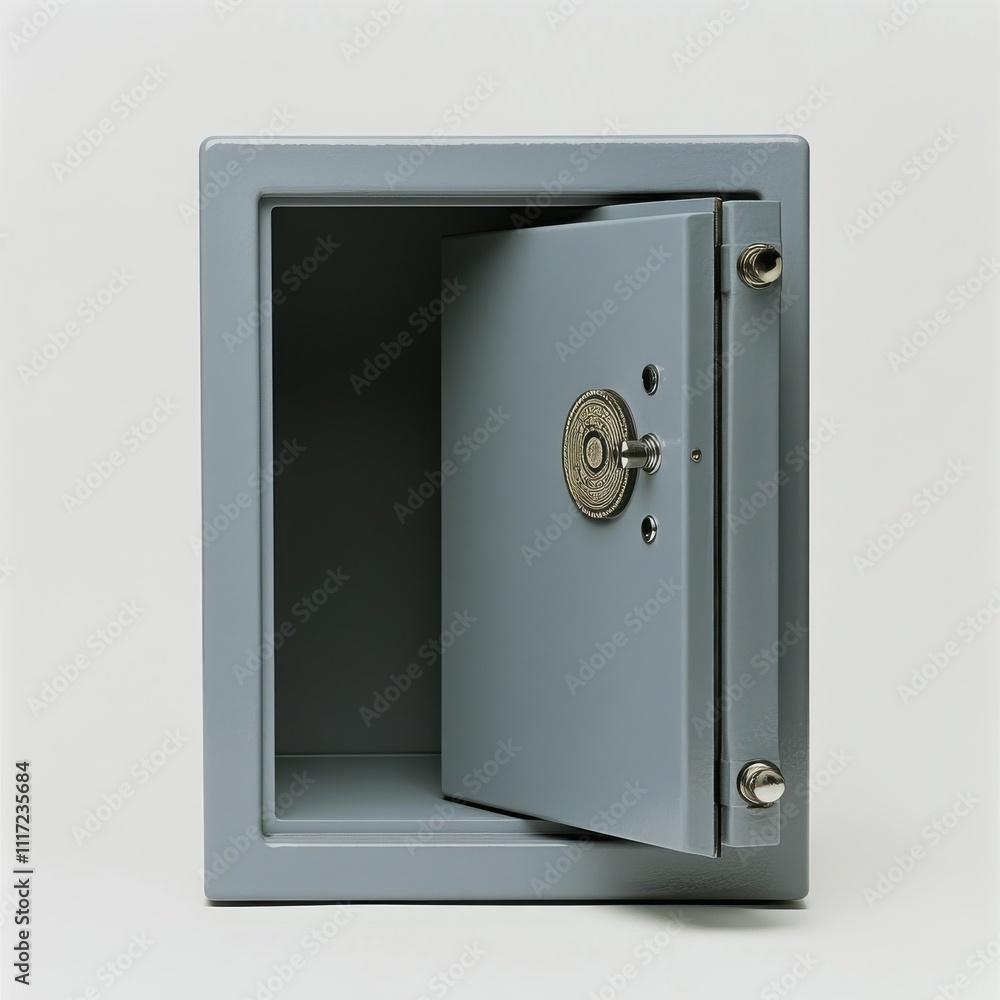 Open Grey Safe with Circular Lock Mechanism Showing Empty Interior, Representing Security, Protection, and Storage Options for Personal and Valuable Items Open Grey Safe with Circular Lock Mechanism Showing Empty Interior, Representing Security, Protection, and Storage Options for Personal and Valuable Items