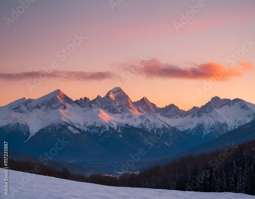 sunset in the mountains Snow-covered mountain peak illuminated by the sunrise, showcasing a stunning natural landscape with vibrant colors in a serene winter scene. iceberg