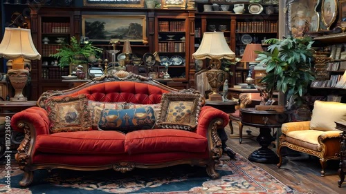 Vintage red sofa in a cozy antique shop setting