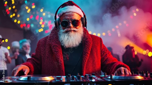 Jolly DJ Santa Spreading Holiday Cheer at a Festive Party with Colorful Lights and Joyful Atmosphere