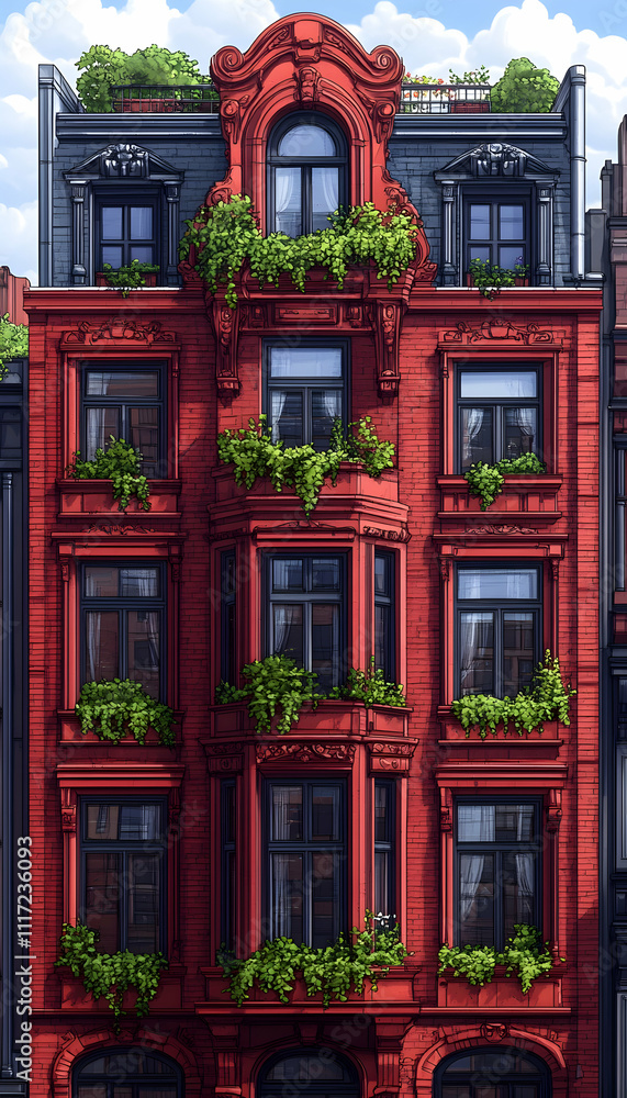 Red brick building with green plants on balconies.