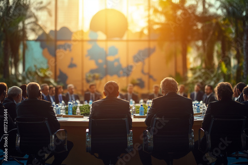 Group of international representative in world summit conference, Conference hall with plenty of representative, Meeting room with volunteer on meeting table.