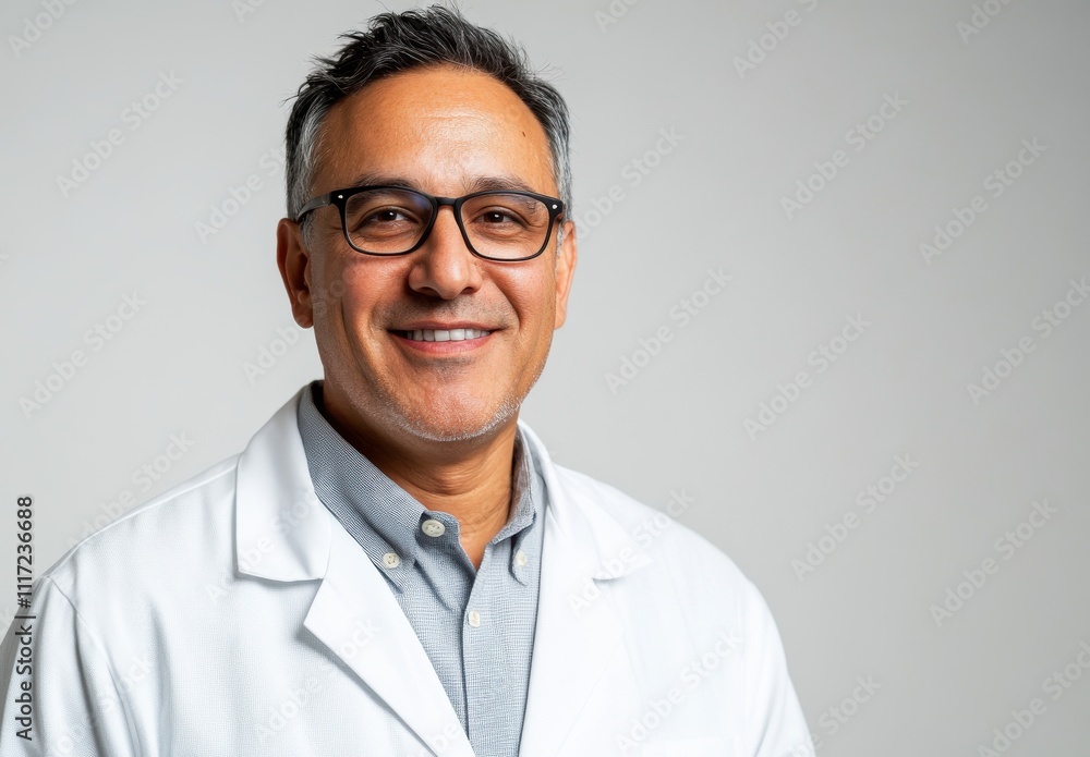 Professional Male Doctor with Glasses Wearing White Lab Coat in a Studio Setting Smiling Confidently at the Camera Against a Plain Background Professional Male Doctor with Glasses Wearing White Lab Coat in a Studio Setting Smiling Confidently at the Camera Against a Plain Background