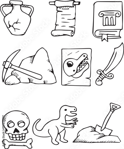 Archeology icon set. hand drawn icons vector collection.