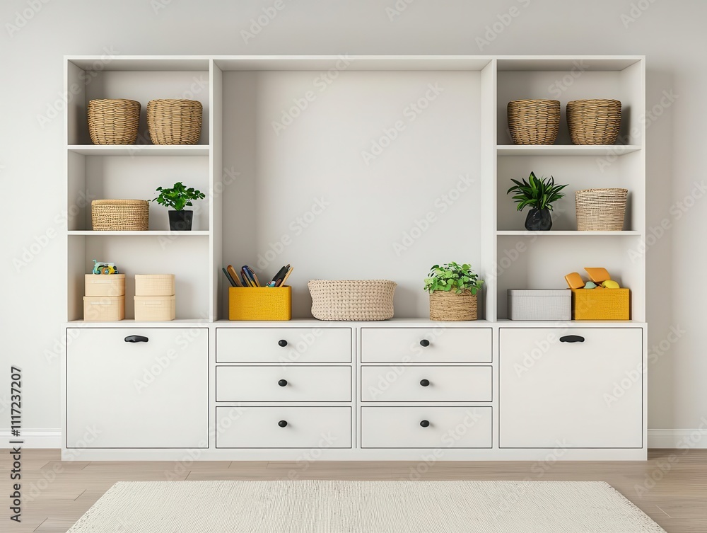 Minimalist toy room with sleek toy storage solutions, neutral tones, and pops of color for a stylish yet childfriendly design Minimalist toy room with sleek toy storage solutions, neutral tones, and pops of color for a stylish yet childfriendly design