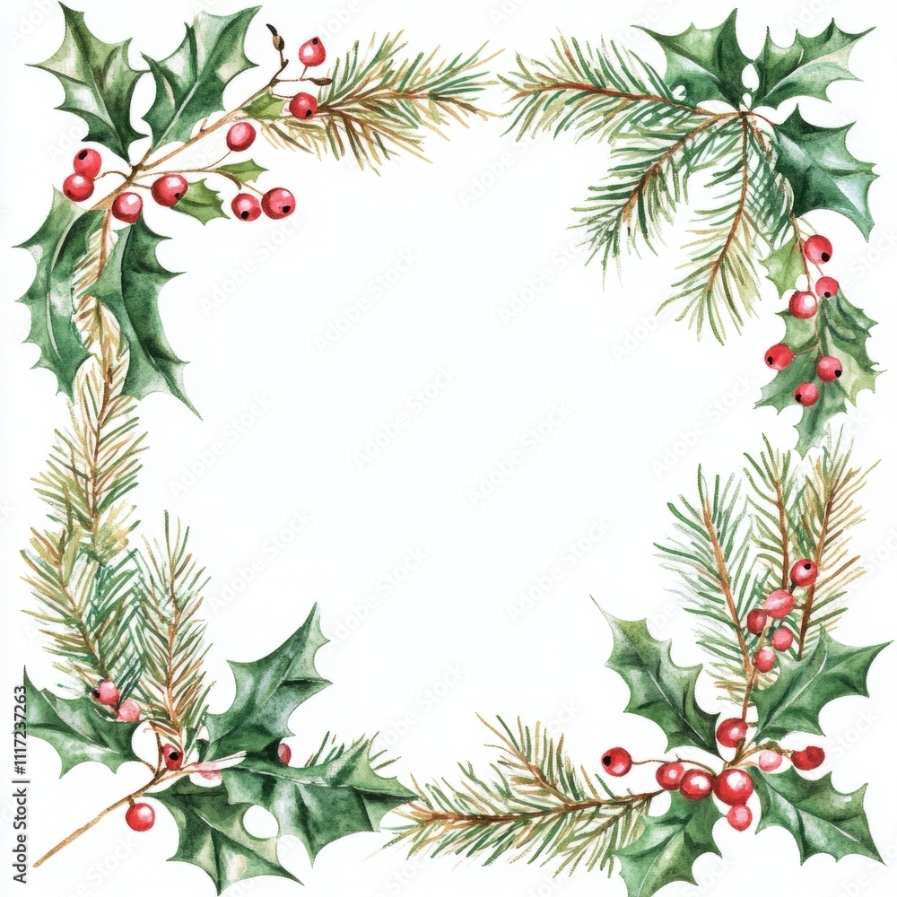 Watercolor Christmas frame with fir branches, pinecone, cotton, leaves isolated on white background. Watercolor Christmas frame with fir branches, pinecone, cotton, leaves isolated on white background.