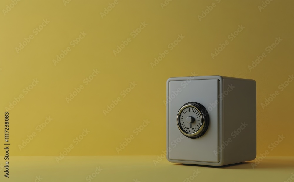 Secure and Modern White Safe with Combination Lock on a Bright Yellow Background, Ideal for Concepts of Savings, Safety, and Financial Security Secure and Modern White Safe with Combination Lock on a Bright Yellow Background, Ideal for Concepts of Savings, Safety, and Financial Security