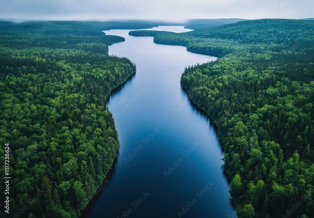 Serene Aerial View of a Meandering River Surrounded by Lush Green Forests Under a Misty Sky in a Tranquil Natural Landscape Serene Aerial View of a Meandering River Surrounded by Lush Green Forests Under a Misty Sky in a Tranquil Natural Landscape