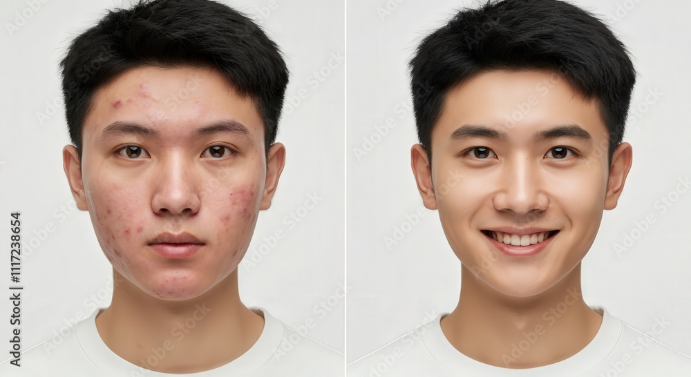 Asian young adult male acne treatment transformation for skincare awareness and dermatological health