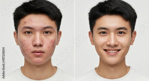 Obraz na płótnie Asian young adult male acne treatment transformation for skincare awareness and dermatological health w salonie