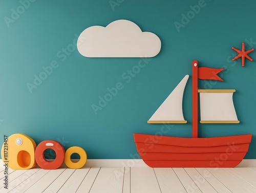 Nauticalthemed playroom with boatshaped storage units, oceanblue walls, and beachinspired decor, evoking a sense of adventure photo