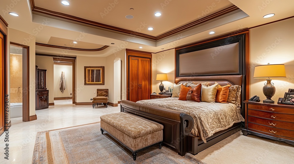 Naklejka premium Luxurious Master Bedroom Interior Design with Elegant Furnishings