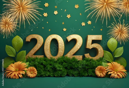 A 3D Happy New Year 2025 design with golden numbers '2025' surrounded by floral patterns, leaves, and eco-friendly fireworks made of natural shapes, all set on a soft gradient green background