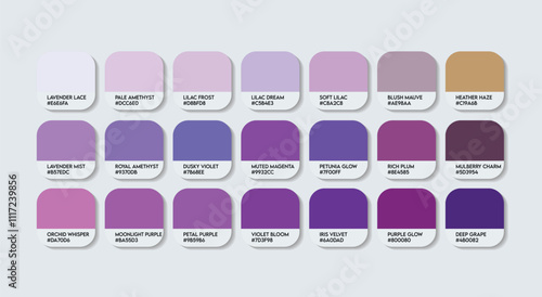 African Violet Flower Color Palette, African Violet Flower Color Guide Palette with Color Names. Catalog Samples of Saintpaulia Flower colors with RGB HEX code. Fashion Trend purple color tone shades