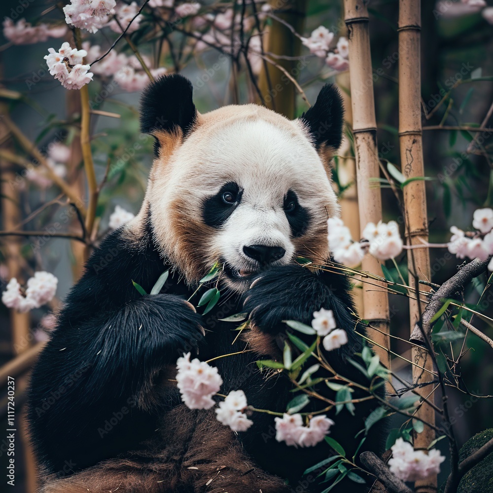 Fototapeta premium Panda eating bamboo surrounded by pink blossoms. (1)