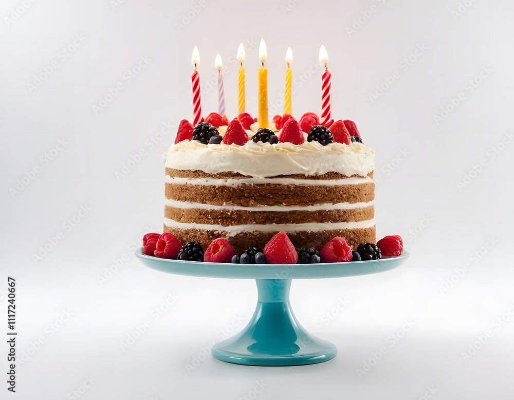 happy birthday celebration cake with colorful burning candles & strawberry isolated on white background