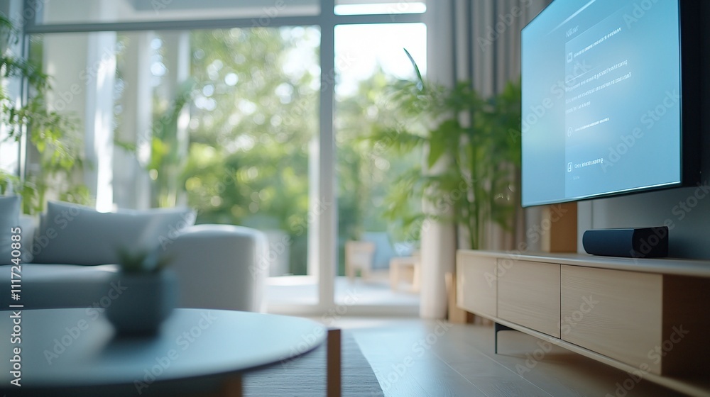 A modern living room with a TV and plants, showcasing a bright, inviting atmosphere. A modern living room with a TV and plants, showcasing a bright, inviting atmosphere.
