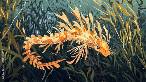 Leafy Sea Dragon Swims Among Kelp Forest photo