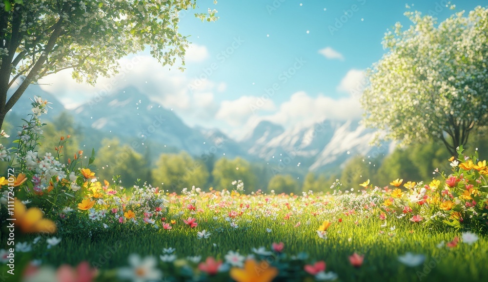 Serene Spring Meadow with Colorful Wildflowers and Lush Green Grass Under a Bright Blue Sky Surrounded by Majestic Mountain Peaks and Fluffy White Clouds Serene Spring Meadow with Colorful Wildflowers and Lush Green Grass Under a Bright Blue Sky Surrounded by Majestic Mountain Peaks and Fluffy White Clouds