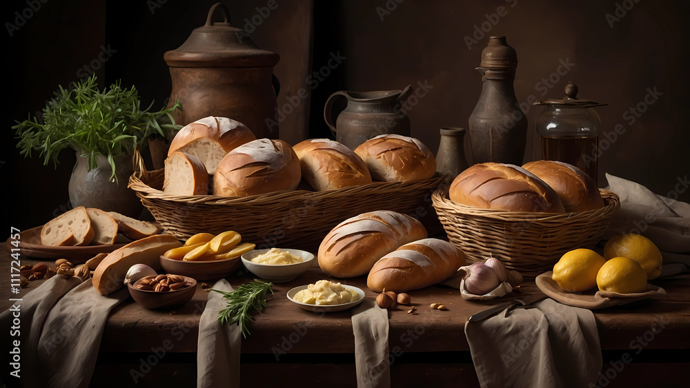 A table with a variety of breads, including baguettes