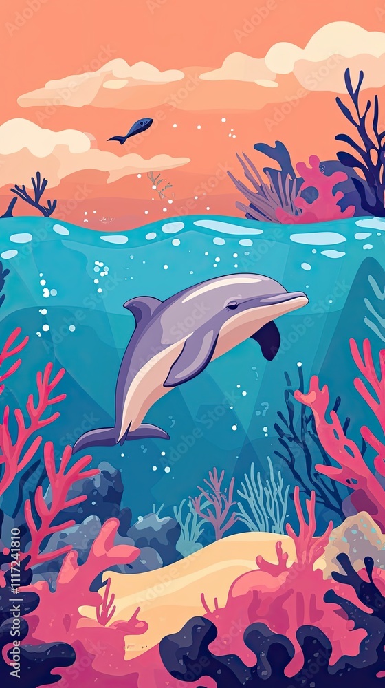 Obraz premium Dolphin Swims in Vibrant Underwater Coral Reef Scene