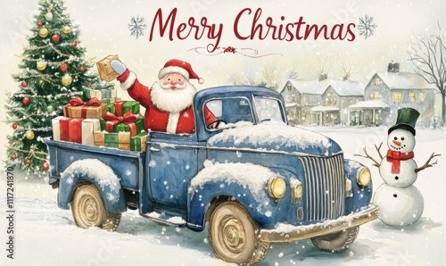 Christmas card with a white background, colorful watercolor decorations featuring Santa Claus riding a classic blue car filled with gifts photo