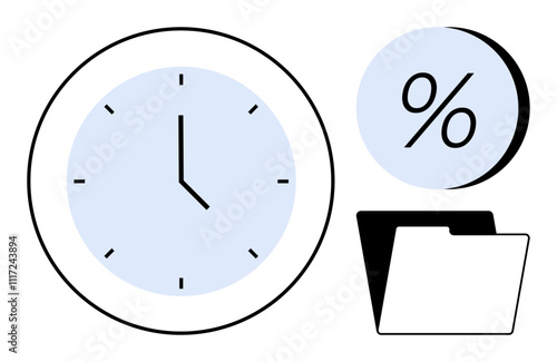 Clock showing time, percent symbol indicating statistics, and a folder representing documents. Ideal for productivity, finance, business, organization, statistics, time management, document