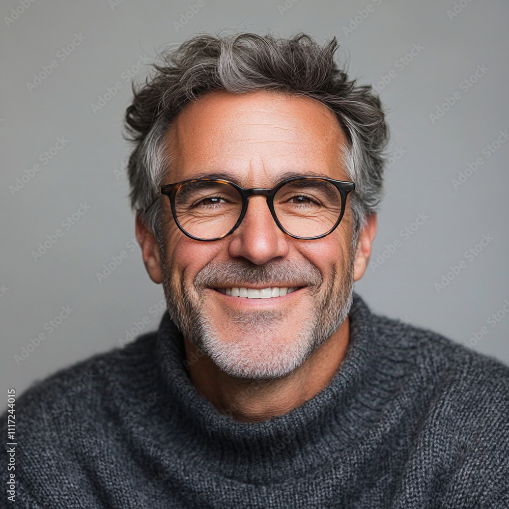 man 50 y.o. A handsome, lite smile, gray sweater, and white gray background make for a portrait of a professor with half a body and glasses.