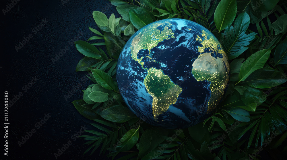 Environment nature global concept. glowing Earth surrounded by lush foliage and water droplets Environment nature global concept. glowing Earth surrounded by lush foliage and water droplets