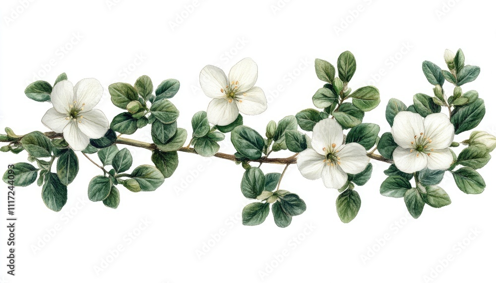 Obraz premium Branch with white flowers and green leaves. Perfect for spring and nature-themed projects.