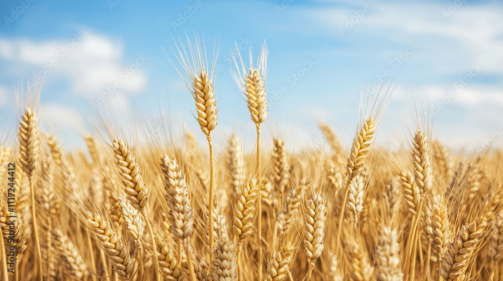 Environment nature global concept. Golden wheat field under bright blue sky symbolizing abundance Environment nature global concept. Golden wheat field under bright blue sky symbolizing abundance