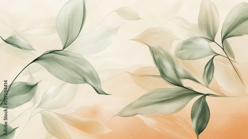Abstract botanical illustration with green and beige leaves on a soft background Abstract botanical illustration with green and beige leaves on a soft background