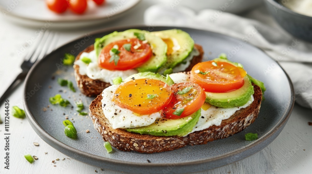 Avocado toast with fried egg, tomato slices, and herbs on a ceramic plate Avocado toast with fried egg, tomato slices, and herbs on a ceramic plate