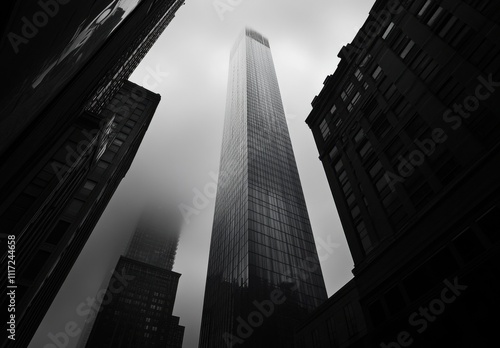 Tall skyscraper shrouded in mist surrounded by historical buildings in a moody urban landscape showcasing modern architecture contrasting with older styles