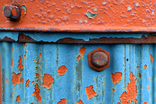 Close-up of rusty, blue and orange painted metal with bolts.