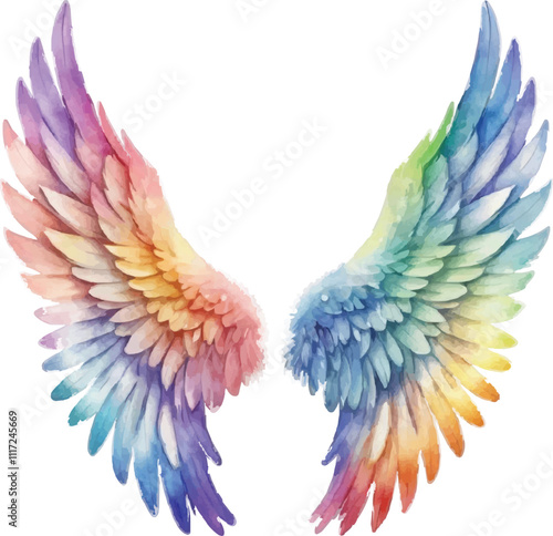 Rainbow Angel Wings Watercolor Illustration – Vibrant Wings Art Isolated on White Background