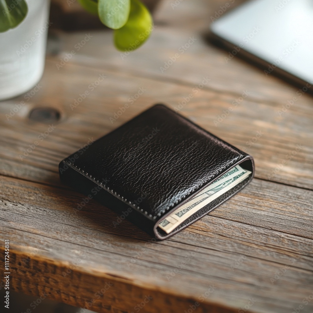 A Dark Leather Wallet with Bills a Wooden Table Lifestyle Photo Indoor Setting Minimalist Financial Concept A Dark Leather Wallet with Bills a Wooden Table Lifestyle Photo Indoor Setting Minimalist Financial Concept