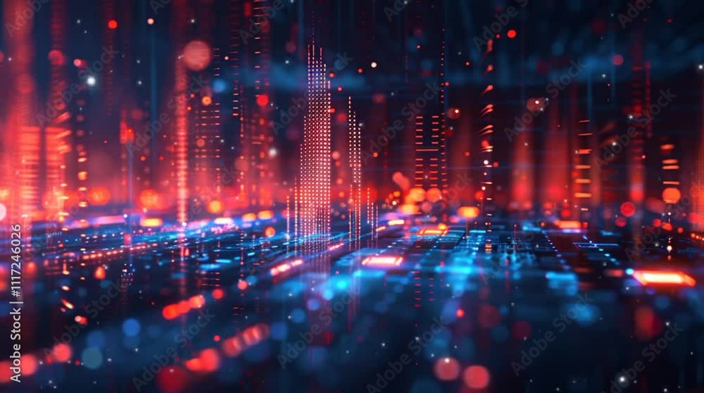 Vibrant Data Visualization: Financial and Technological Analytics with Neon red and blue Grid Highlights Vibrant Data Visualization: Financial and Technological Analytics with Neon red and blue Grid Highlights