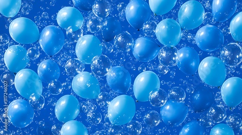 A Festive Collection of Light Blue Balloons and Bubbles Floating Against a Vibrant Blue Sky Background