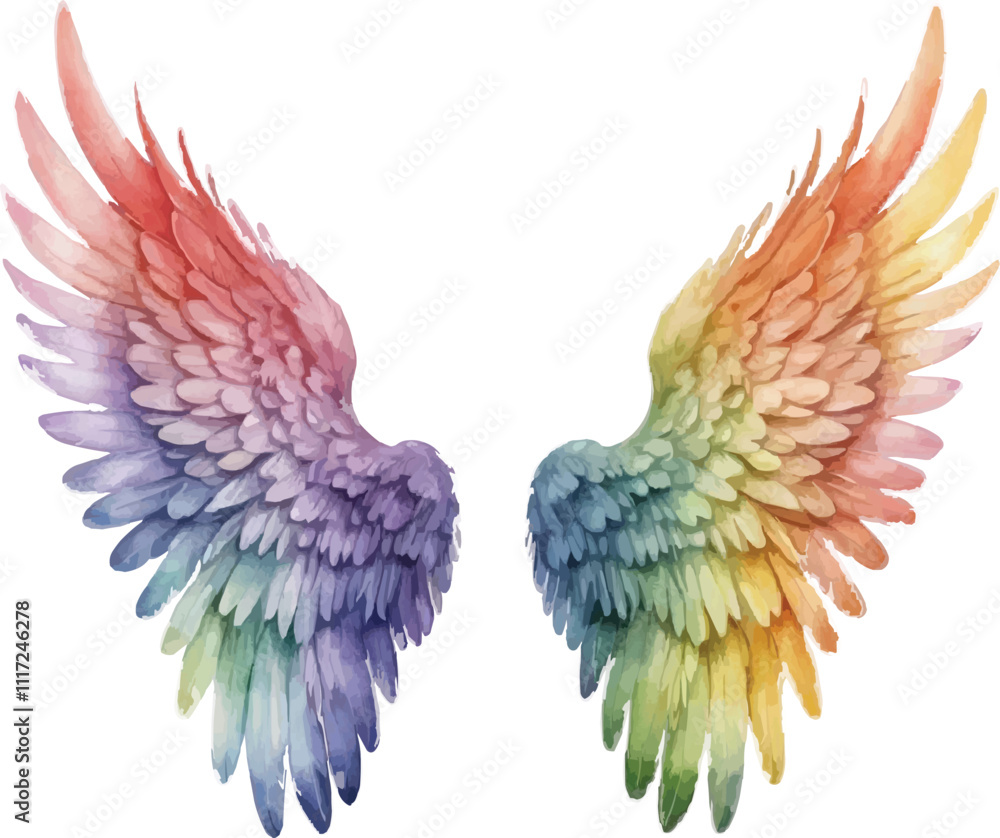 Fototapeta premium Rainbow Angel Wings Watercolor Illustration – Vibrant and Ethereal Art Isolated on White Background