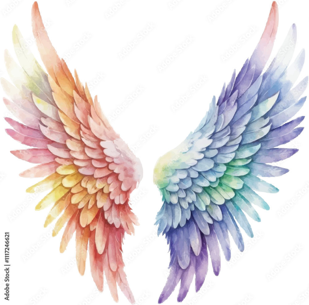 Fototapeta premium Rainbow Angel Wings Watercolor Illustration - Vibrant, Ethereal Design on White Background
